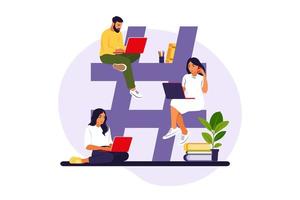 hashtag en social media-concept. jongeren met hashtag-symbool. vectorillustratie. geïsoleerde flat. vector