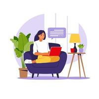 vrouw zitten met laptop op fauteuil. concept illustratie voor werken, studeren, onderwijs, thuiswerken. vlak. vectorillustratie. vector