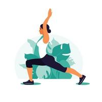 vrouw die in het park traint. buitensport. gezonde levensstijl en fitness concept. vectorillustratie in vlakke stijl. vector