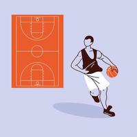 basketbalspeler man met bal en veld vector design