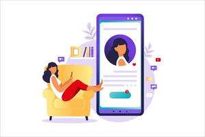 profiel voor sociale media. smartphone met een vrouw avatar, tekst en knop. concept van sociale media, virtuele relatiecommunicatie. verschillende pictogrammen met likes. vectorillustratie in flat. vector