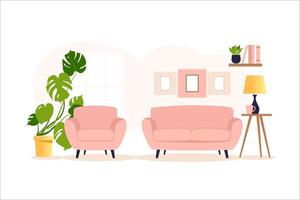 gezellig interieur van een moderne woonkamer met een fauteuil, kamerplanten, raam en lamp. vectorillustratie. vector