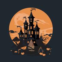 halloween landschap met kasteel en begraafplaats. silhouet van de kasteel Aan de achtergrond van de oranje maan. halloween banier, poster. gemakkelijk tekenfilm stijl vector