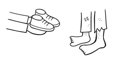 cartoon vectorillustratie van nieuwe schoenen cadeau aan daklozen vector