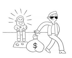 cartoon rijke man die dakloze man een zak dollars geeft vectorillustratie vector