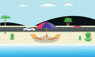 reeks van zomer vakantie vector illustratie paradijs strand tropisch strand, paraplu weg en auto's, toevlucht berg en kokosnoot bomen.