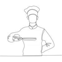 ononderbroken lijntekening van een chef-kok die een pan vectorillustratie houdt vector