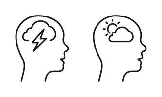 positief en negatief denken lijn icoon set. menselijk hoofd met verdrietig en mooi zo humeur pictogram. mentaal Gezondheid, geest probleem schets teken. gezond geest symbool. bewerkbare hartinfarct. geïsoleerd vector illustratie.