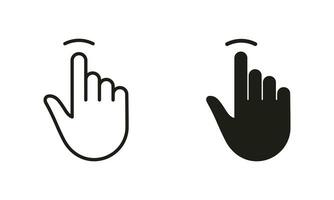 kraan gebaar, hand- cursor van computer muis lijn en silhouet zwart icoon set. aanraken, Klik, druk op, vegen, punt symbool verzameling. wijzer vinger pictogram. geïsoleerd vector illustratie.