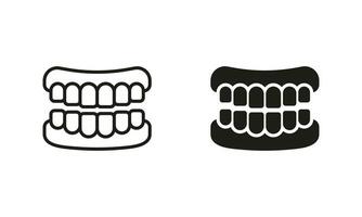 menselijk kaak anatomie met tanden silhouet en lijn pictogrammen set. false tand, tanden prothese pictogram. gezond glimlach, mondeling hygiëne, tandheelkunde, tandheelkundig behandeling teken. geïsoleerd vector illustratie.