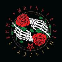 ontwerp voor t-shirt met twee lijk handen en rood rozen Aan een zwart achtergrond. runen- alfabet in circulaire ontwerp. vector
