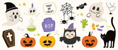 gelukkig halloween dag element achtergrond vector. schattig verzameling van spookachtig geest, pompoen, knuppel, snoep, kat, kist, graf, uil, lolly. aanbiddelijk halloween festival elementen voor decoratie, afdrukken. vector