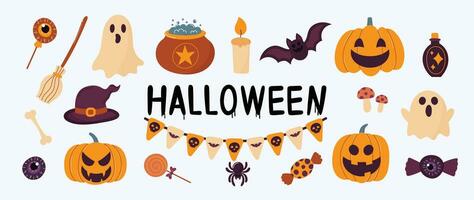 gelukkig halloween dag element achtergrond vector. schattig verzameling van spookachtig geest, pompoen, knuppel, lolly, spin, ketel, kaars, bot. aanbiddelijk halloween festival elementen voor decoratie, afdrukken. vector