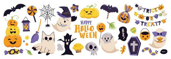 gelukkig halloween dag element achtergrond vector. schattig verzameling van spookachtig geest, pompoen, knuppel, snoep, maan, schedel, spin, kat, worm. aanbiddelijk halloween festival elementen voor decoratie, afdrukken. vector