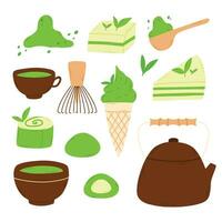 matcha thee. mok met matcha en groen thee bladeren. vector illustratie. natuurlijk groen thee. groen thee set. matcha verzameling.