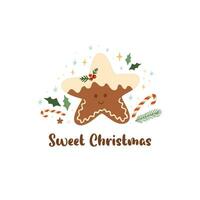 zoet Kerstmis kaart met smakelijk Kerstmis koekje, peperkoek ster nagerecht. bakken symbool. vector winter vakantie decoratief element. gelukkig nieuw jaar groet illustratie, schattig kaart, grappig ster.