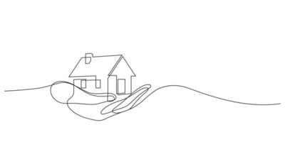 een lijn van hand- Holding huis model- vector illustratie