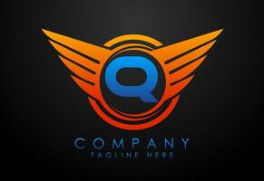 Engels alfabet q met Vleugels logo ontwerp. auto en automotive vector logo concept