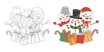 sneeuwman met Kerstmis geschenk, Kerstmis thema lijn kunst tekening tekenfilm illustratie, kleur boek voor kinderen, vrolijk kerstmis. vector