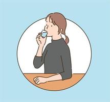 een vrouw drinkt uit een klein glas. handgetekende stijl vectorontwerpillustraties. vector