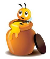 cartoon schattige bij geniet van weken in een honingpot met verse honing die uit de pot druipt vector