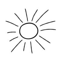 schattig tekenfilm hand- getrokken zon. vector zwart en wit zon. geïsoleerd monochroom tekening zon tekening Aan wit achtergrond. retro schetsen radiaal stralen. wijnoogst zonnestraal