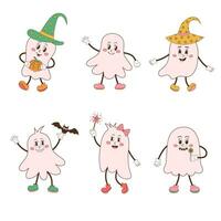 groovy halloween geest set. retro jaren 70 Jaren 60 tekenfilm karakters. schattig roze spookachtig baby geesten. vector