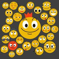 de emoji koning en een groep van schattig emoji karakters. vector vlak illustratie Aan een grijs achtergrond.