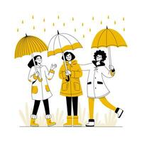 Dames met paraplu's in de regen. vrienden zijn hebben plezier. modern vector vlak illustratie