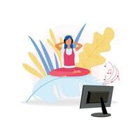 online geschiktheid en online opleiding concept. vector van vrouw beoefenen yoga samen met geschiktheid instructeur Aan TV monitor. ontspannende muziek, veer