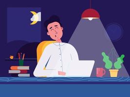 freelance man in wit overhemd slapen op het thuiswerkkantoor. overbelaste man, notebook, tafel, boeken, pen, potlood, lamp, kopje koffie, raam, klok vlakke stijl vectorillustratie geïsoleerd. vector