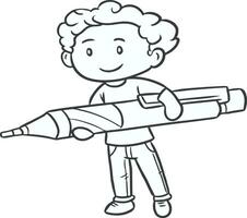 kind jongen Holding pen voor kleur pagina.zwart en wit kleur bladzijde vector