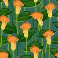 smaragd vector naadloos achtergrond met bloeiend oranje calla lelies