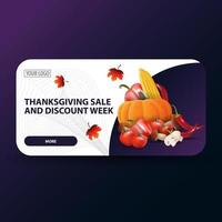 Thanksgiving-uitverkoop en kortingsweek, moderne kortingswebbanner met herfstbladeren en herfstoogst. vector