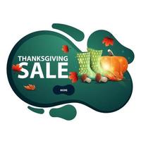 Thanksgiving-uitverkoop, groene banner in de vorm van een lavalamp met rubberen laarzen, pompoen, paddenstoelen en herfstblad. kortingsbon geïsoleerd op een witte achtergrond voor uw arts vector