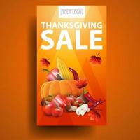 Thanksgiving-uitverkoop, moderne oranje verticale kortingswebbanner met herfstoogst vector