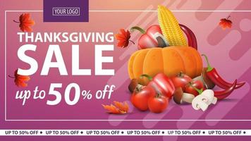 Thanksgiving-uitverkoop, tot 50 korting, horizontale roze webbanner met herfstoogst. vector