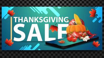 Thanksgiving-uitverkoop, groene kortingswebbanner met grote letters, smartphone, herfstbladeren en herfstoogst. vector