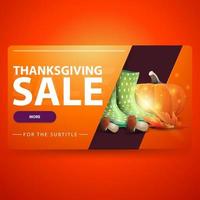 Thanksgiving-uitverkoop, moderne oranje 3d volumetrische webbanner voor uw website met rubberen laarzen, pompoen, paddenstoelen en herfstblad vector