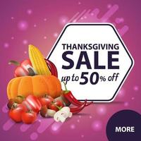 Thanksgiving-uitverkoop, tot 50 korting, vierkante roze kortingswebbanner voor uw website met herfstoogst vector