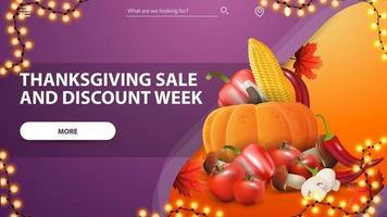 Thanksgiving-uitverkoop en kortingsweek, paarse horizontale kortingswebbanner met herfstoogst vector