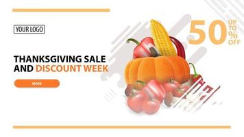 Thanksgiving-uitverkoop en kortingsweek, witte webbanner in moderne stijl voor uw website met herfstoogst vector
