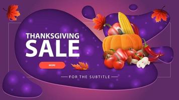 Thanksgiving-uitverkoop, paarse kortingsbanner met modern ontwerp voor uw website met herfstoogst. moderne coupon in papier gesneden stijl vector