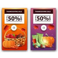 Thanksgiving-uitverkoop, tot 50 korting, twee verticale kortingsbanners. oranje en print korting thanksgiving-sjabloon vector