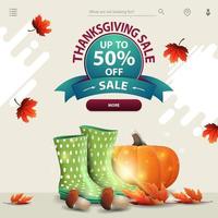 Thanksgiving-uitverkoop, sjabloon voor uw website in een minimalistische lichte stijl met rubberen laarzen, pompoen, paddenstoelen en herfstblad vector