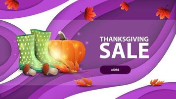 Thanksgiving-uitverkoop, moderne paarse webbanner in papierstijl voor uw website met rubberen laarzen, pompoen, champignons en herfstblad autumn vector