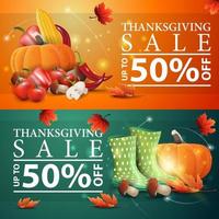 Thanksgiving-uitverkoop, tot 50 korting, twee horizontale kortingsbanners. oranje en groen kortingssjabloon voor Thanksgiving vector