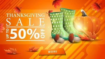 Thanksgiving-uitverkoop, oranje kortingswebbanner voor uw site met rubberen laarzen, pompoen, paddenstoelen en herfstblad vector