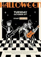 halloween retro partij uitnodiging. skelet rots band in retro stijl van Jaren 60-70. drie skelet karakters-twee mannetje gitaristen en een vrouw zanger. vector