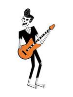 skelet met gitaar in retro stijl. halloween skelet karakter in rots stijl. dag van de dood skelet. vector